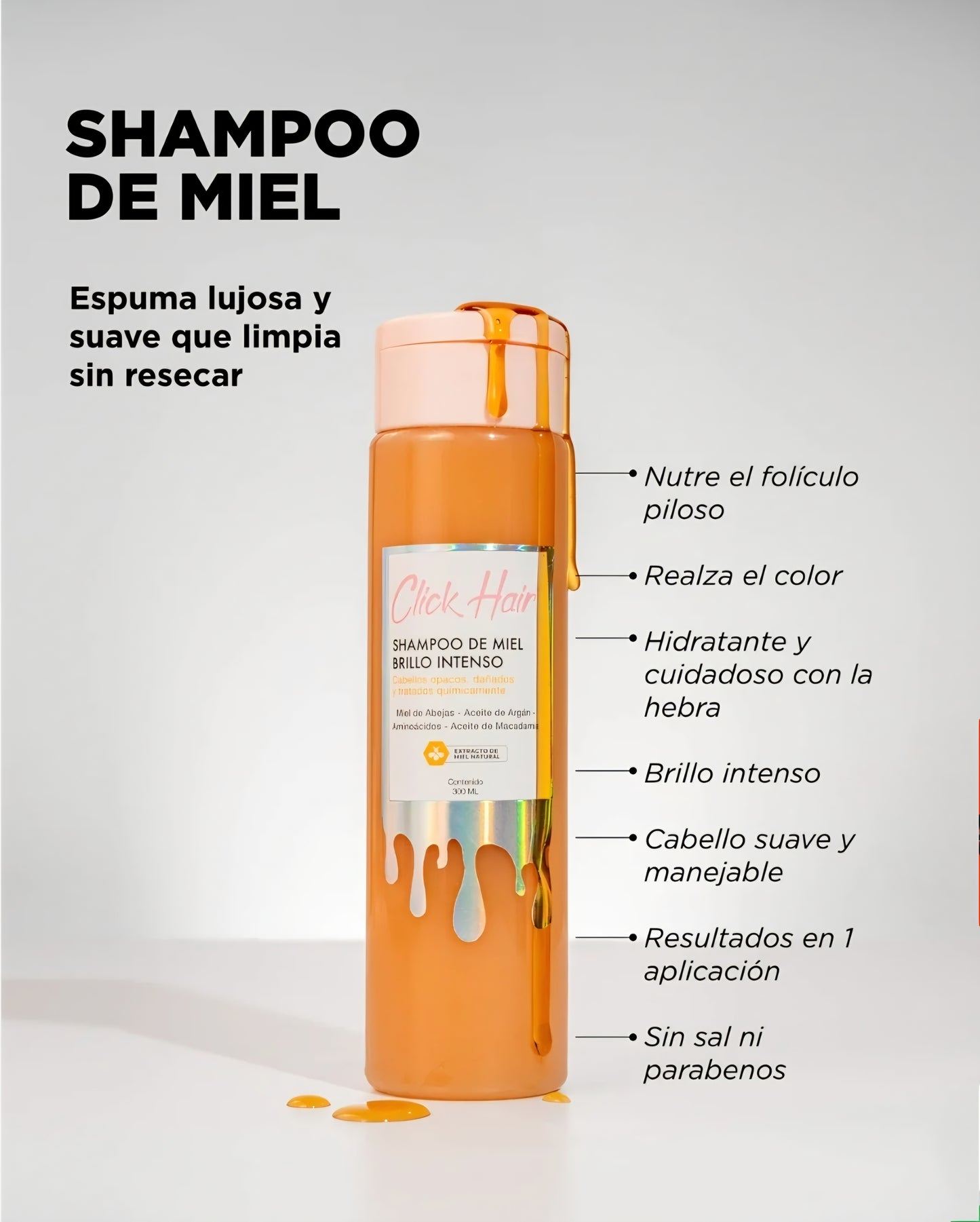 Shampoo de Miel Click Hair – Nutrición Profunda para Cabello Seco y Maltratado